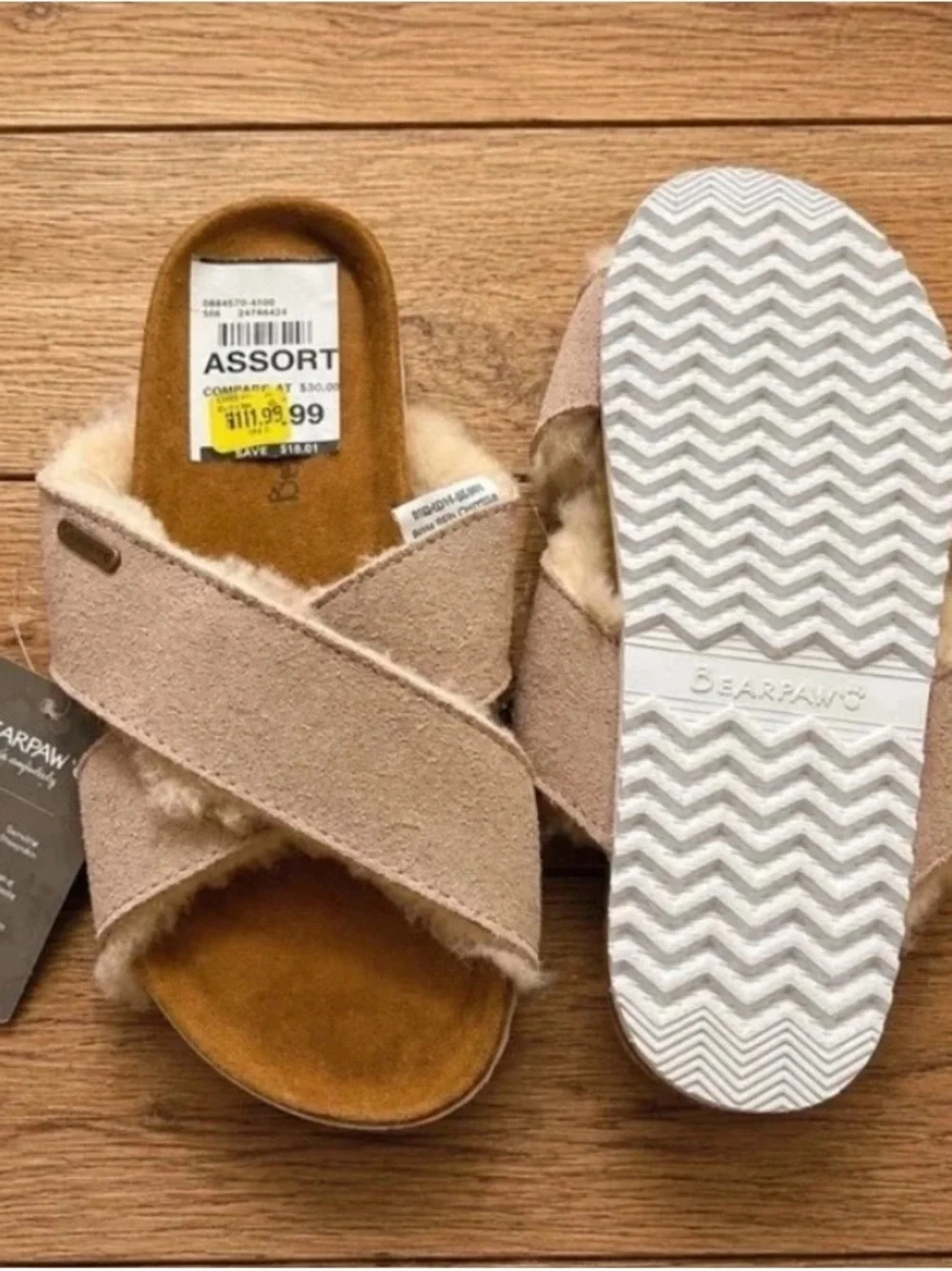 BearPaw Girls Blush Pink Suede Shearling Cross-Strap Slide Sandals